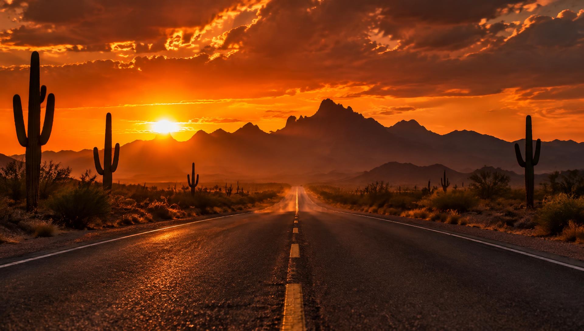 Empty Arizona desert highway leading toward mountains at a blazing sunset