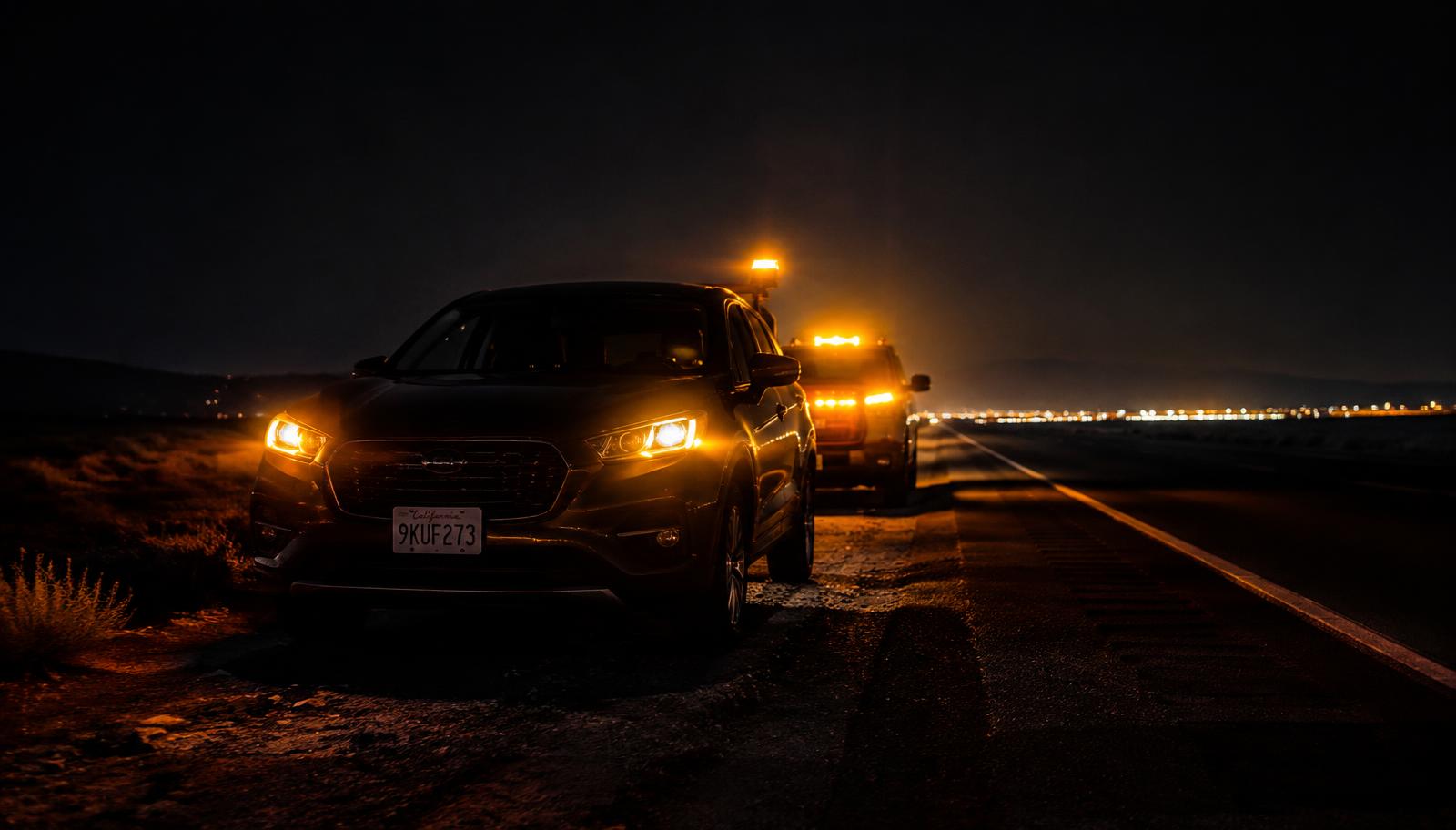Vehicle with hazard lights and amber roadside service lights on a dark Arizona highway at night