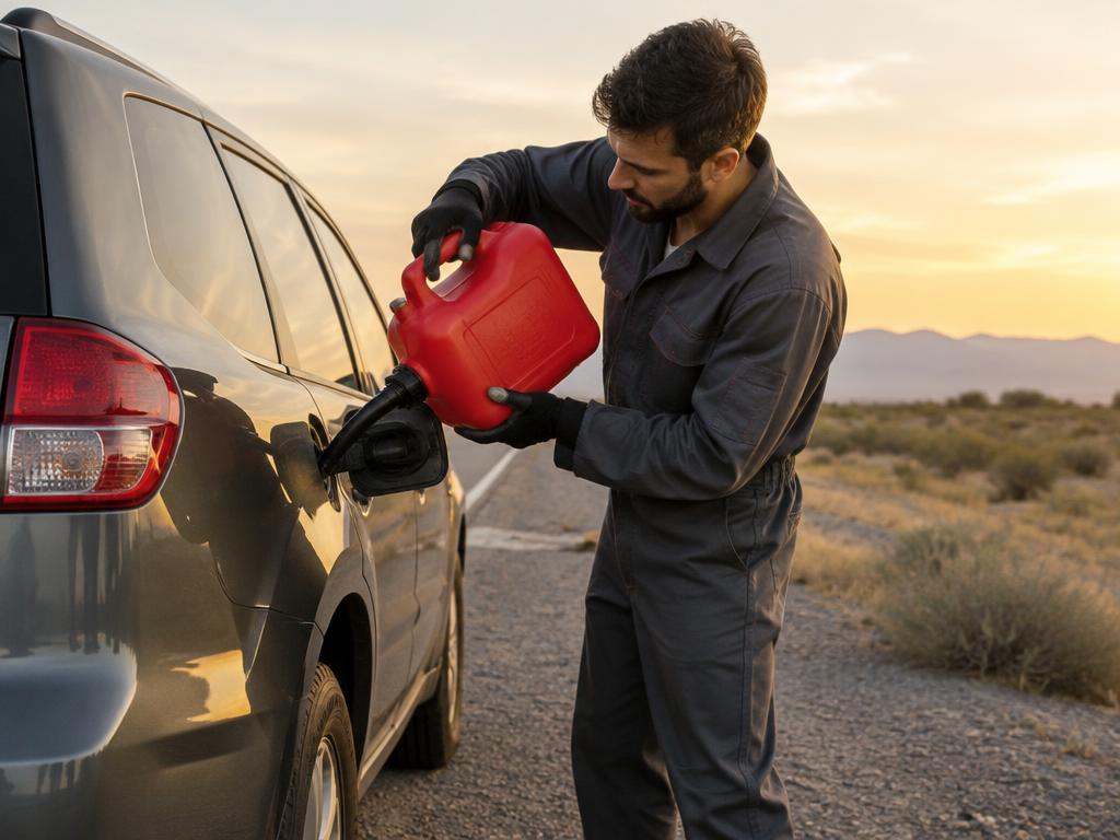 Technician pouring fuel from a portable can into a vehicle during roadside fuel delivery in Arizona