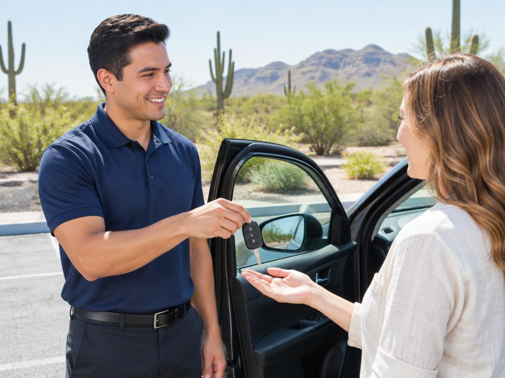 Service worker returning car keys to a driver after mobile vehicle lockout assistance in Arizona